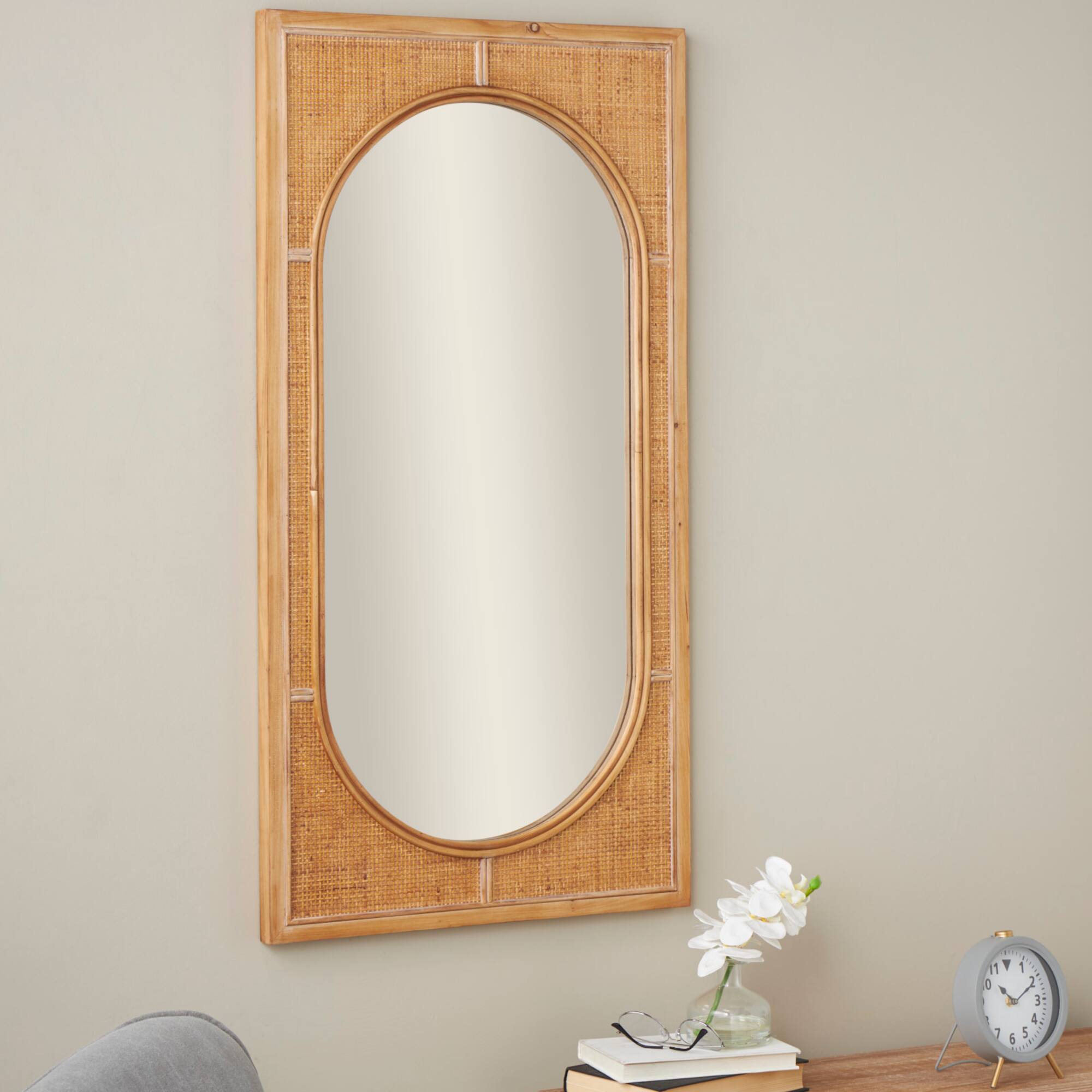 22" x 42" Brown Rattan Oval Center Design Wall Mirror